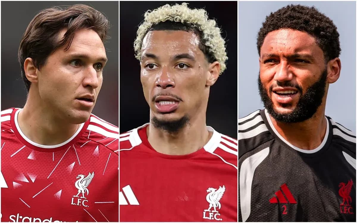 Three Liverpool players in team kits looking forward Three Liverpool players in team kits looking forward