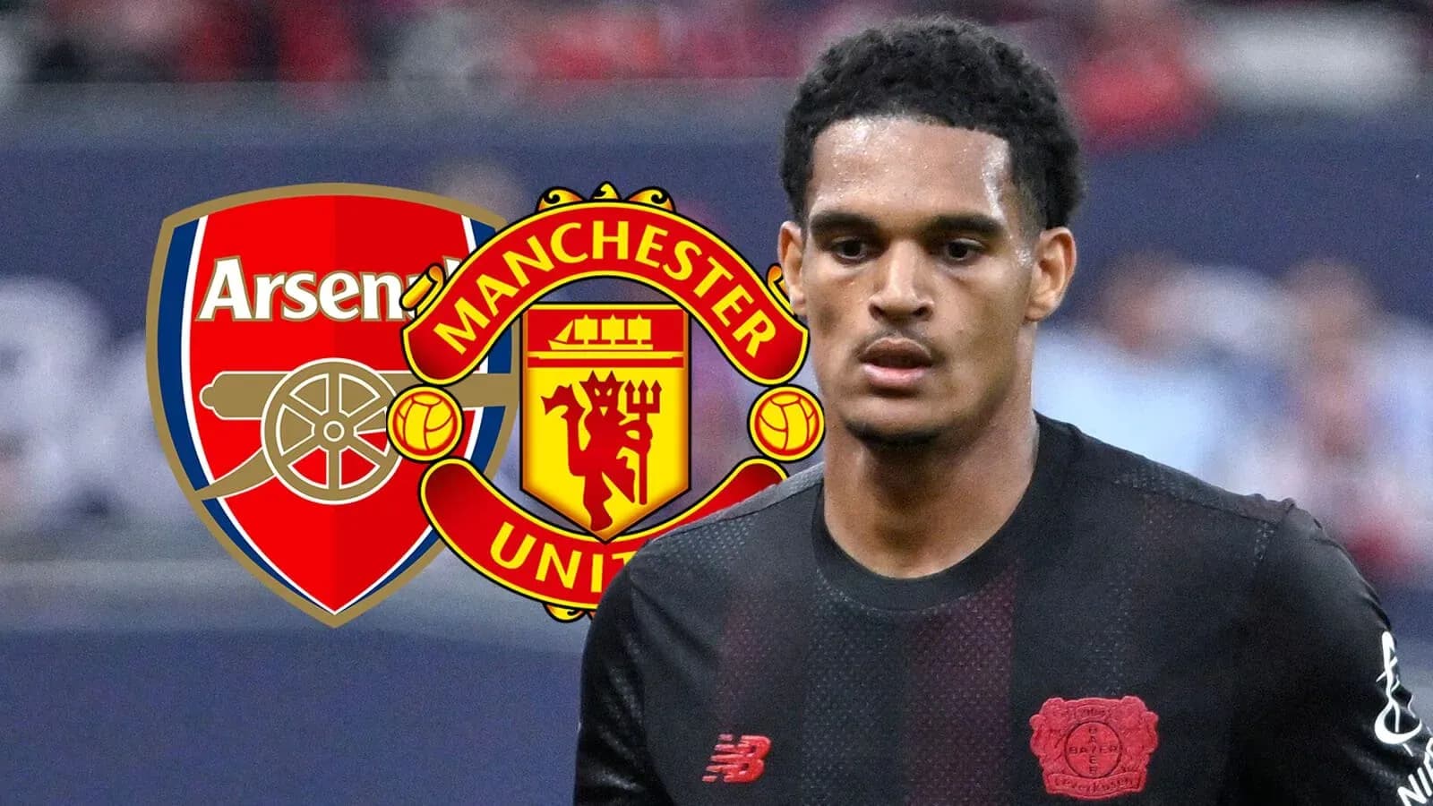 Player in black jersey with Arsenal and Manchester United logos Player in black jersey with Arsenal and Manchester United logos