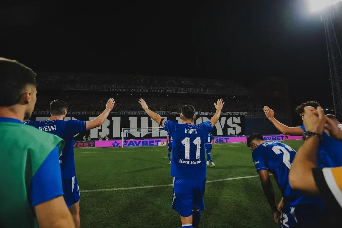 Dinamo Zagreb players celebrating on the pitch Dinamo Zagreb players celebrating on the pitch