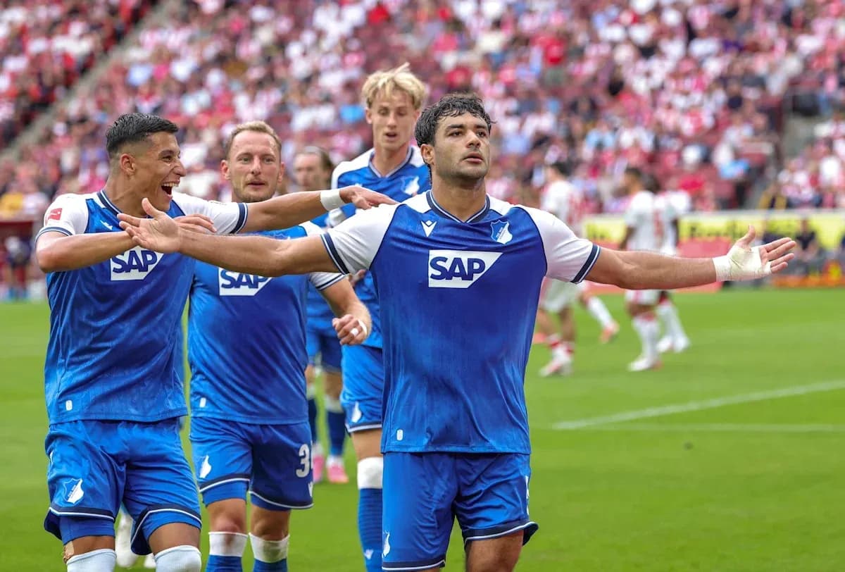 Hoffenheim players celebrating a goal on the pitch Hoffenheim players celebrating a goal on the pitch