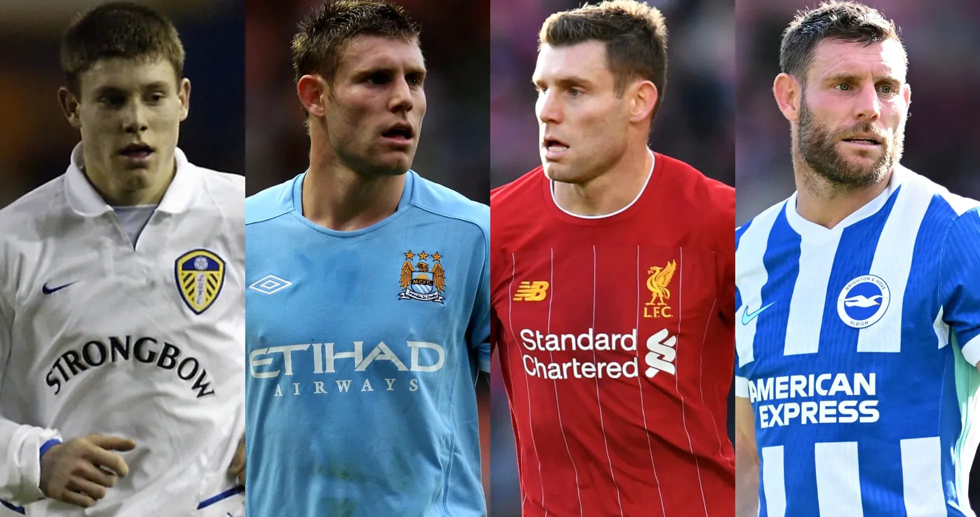 Four football players in team kits over the years Four football players in team kits over the years