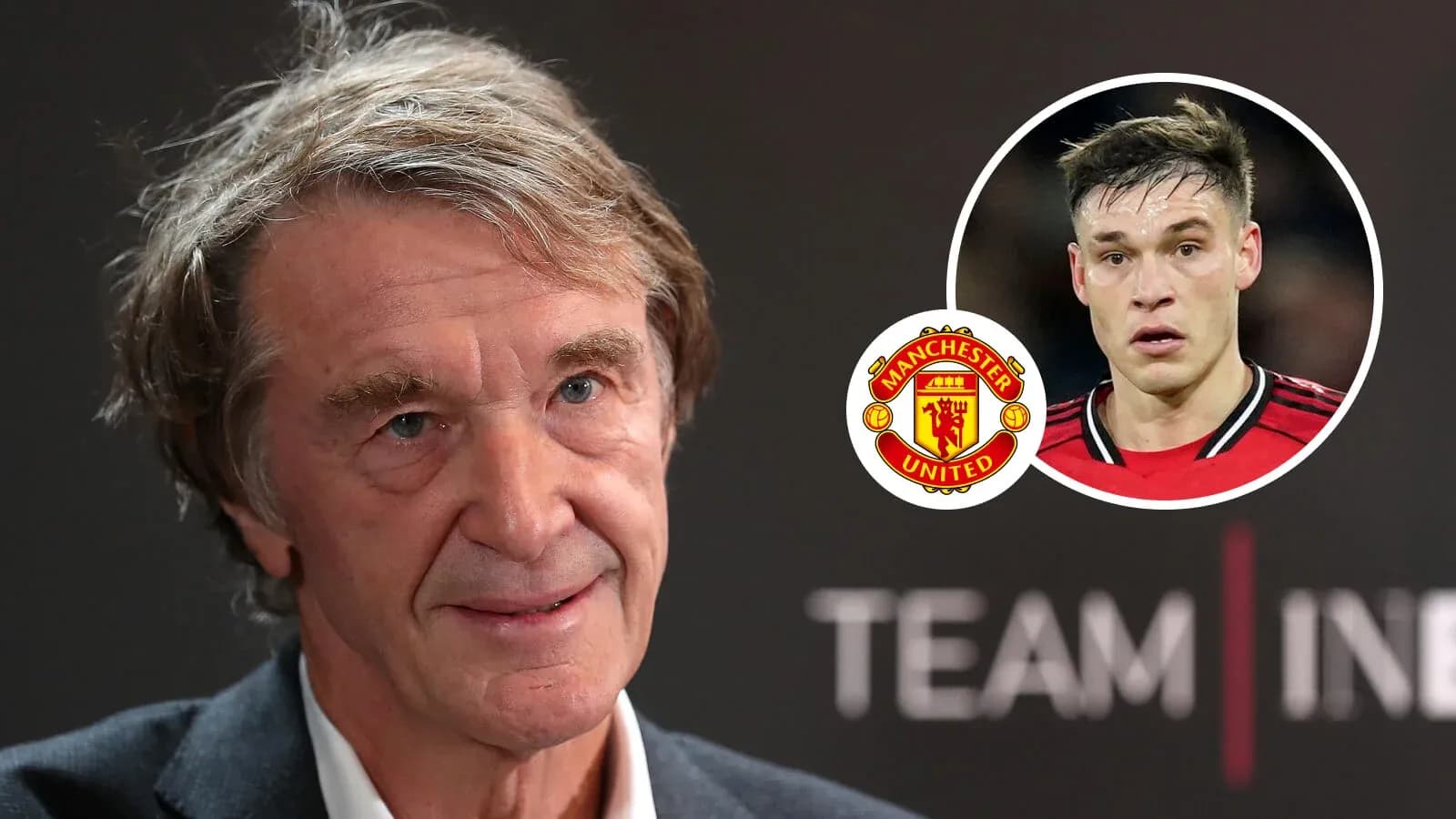 Man speaking with Manchester United logo and player image Man speaking with Manchester United logo and player image