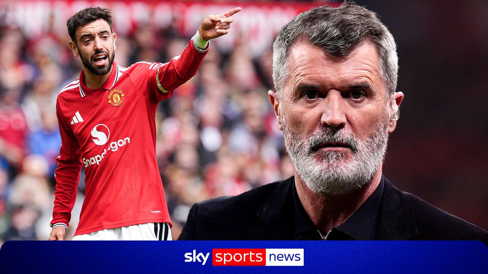 Bruno Fernandes gesturing during a match, Roy Keane in foreground Bruno Fernandes gesturing during a match, Roy Keane in foreground