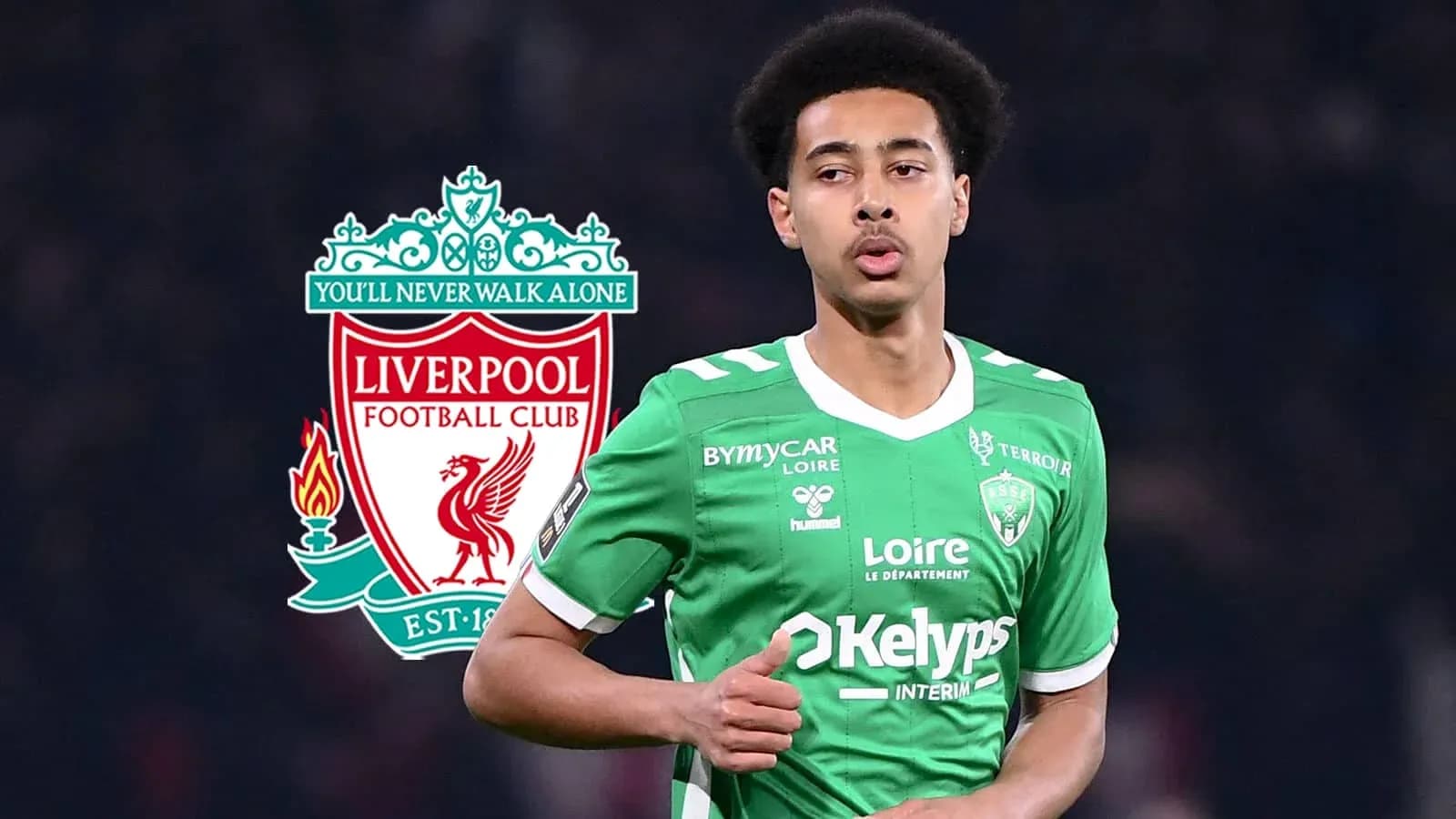 Player in green kit during match with Liverpool logo Player in green kit during match with Liverpool logo