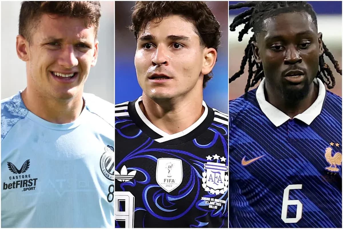 Three football players in team jerseys posing together Three football players in team jerseys posing together