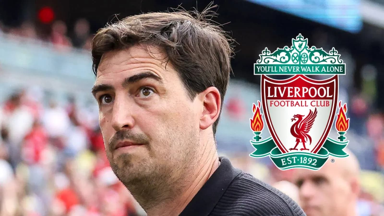 Man observing match with Liverpool logo in background Man observing match with Liverpool logo in background