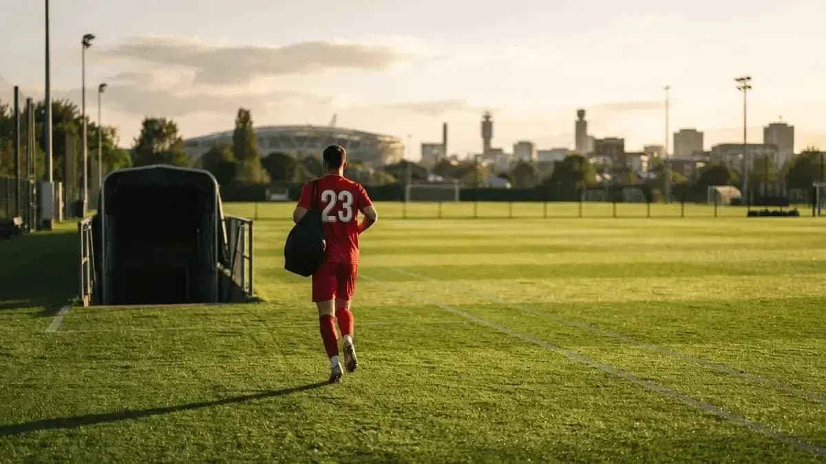 Player in red jersey walking off the pitch Player in red jersey walking off the pitch