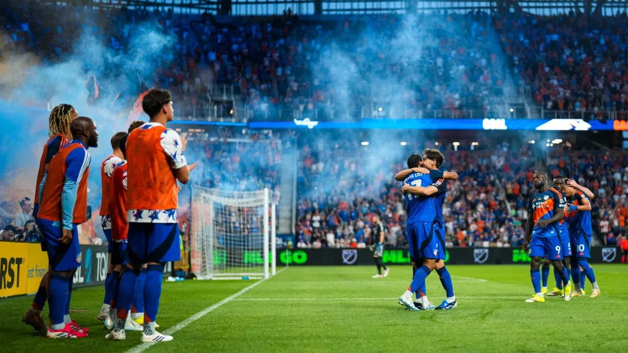FC Cincinnati players celebrating a goal FC Cincinnati players celebrating a goal