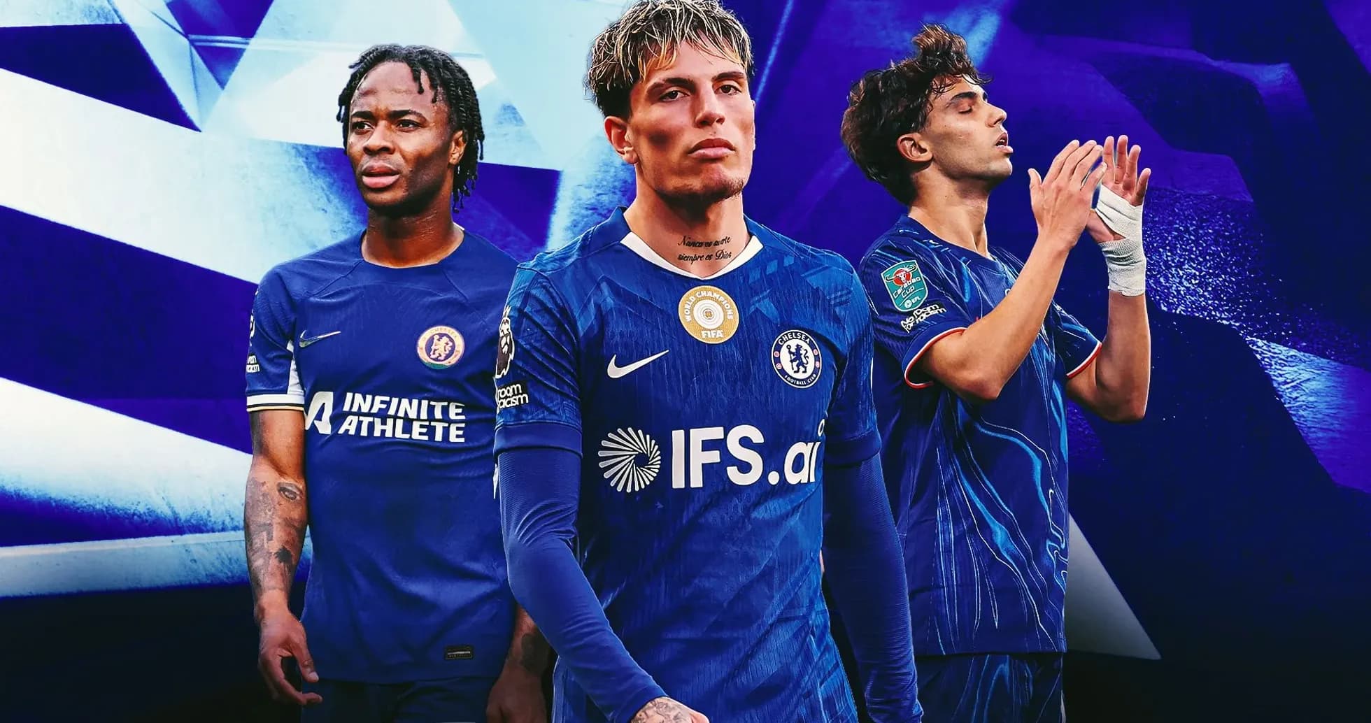 Three Chelsea players in blue kits on stage Three Chelsea players in blue kits on stage