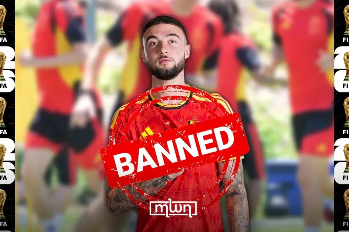 Player in Spain kit with 'BANNED' stamp overlay Player in Spain kit with 'BANNED' stamp overlay