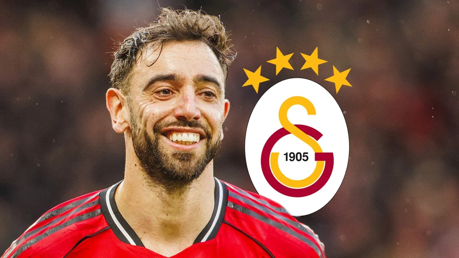 Bruno Fernandes smiling with Galatasaray logo in background Bruno Fernandes smiling with Galatasaray logo in background
