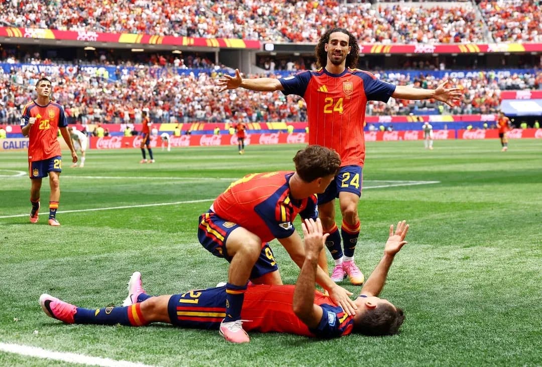 Spain players celebrating a goal during match Spain players celebrating a goal during match
