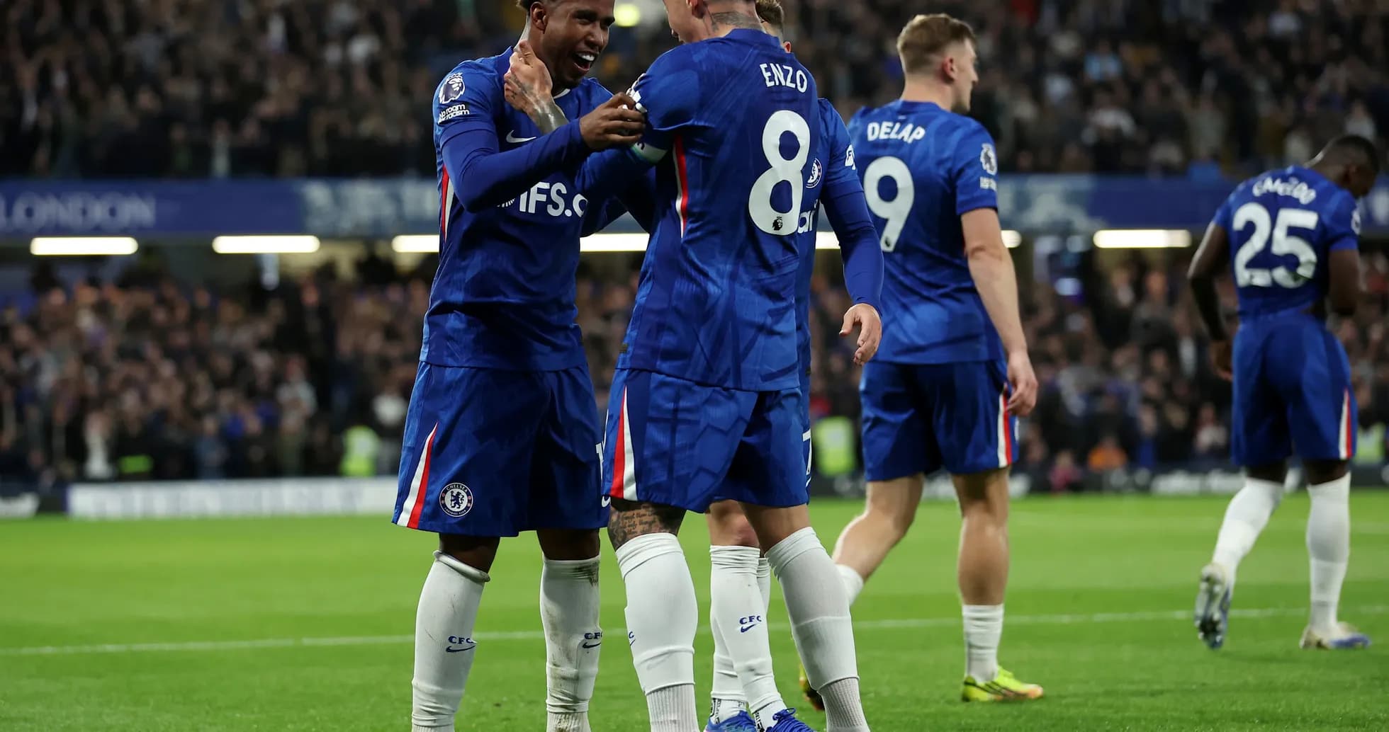 Chelsea players celebrating a goal during match Chelsea players celebrating a goal during match