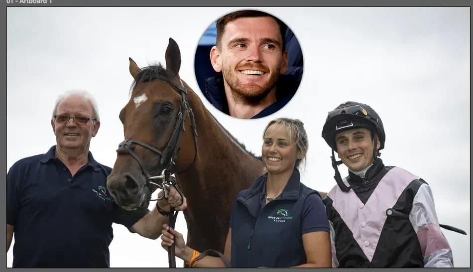 Three people posing with a racehorse outdoors Three people posing with a racehorse outdoors