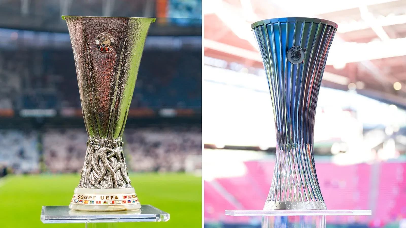 UEFA Europa League and Conference League trophies displayed UEFA Europa League and Conference League trophies displayed