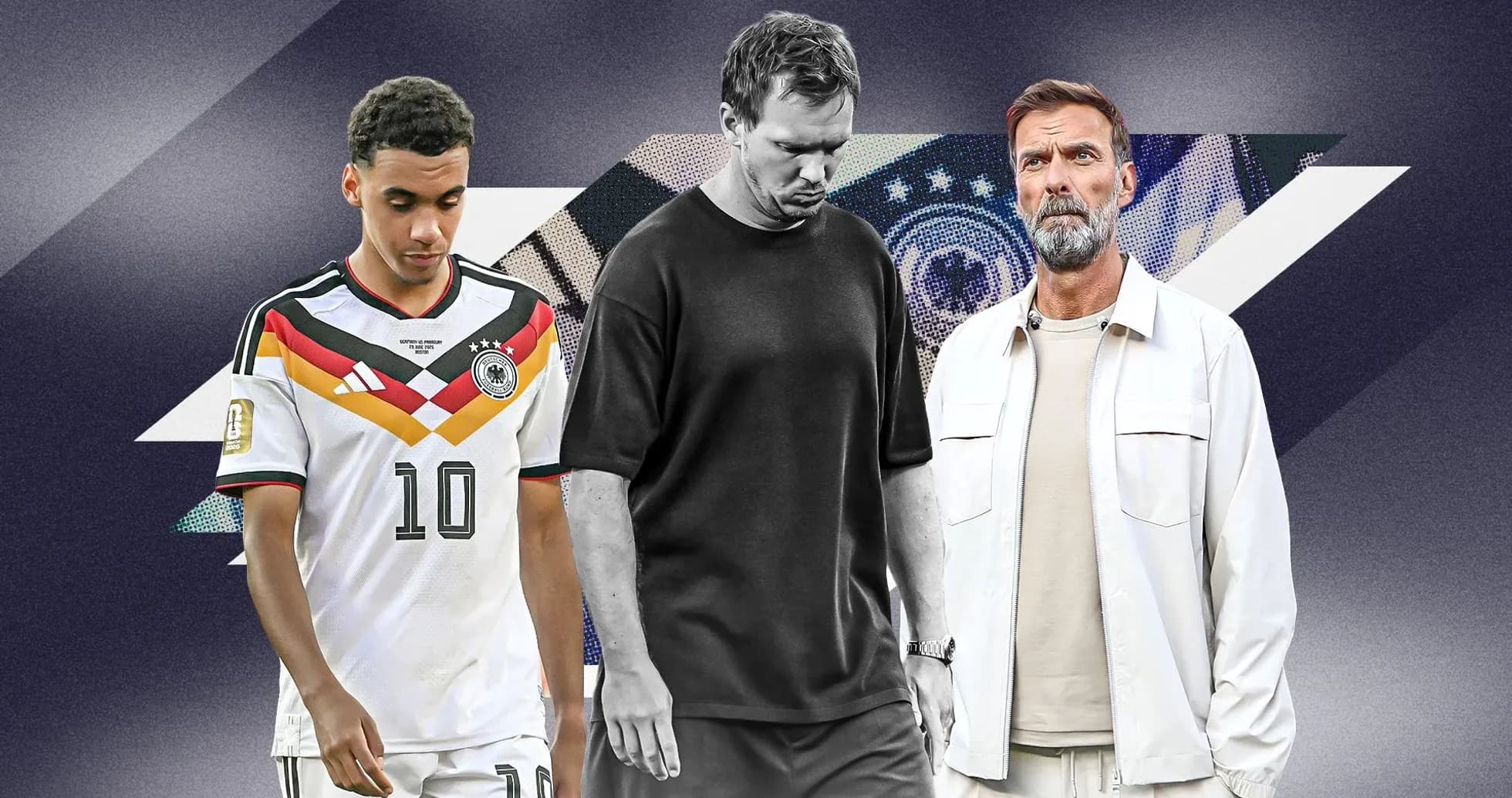 Three individuals in sports attire against a graphic background Three individuals in sports attire against a graphic background