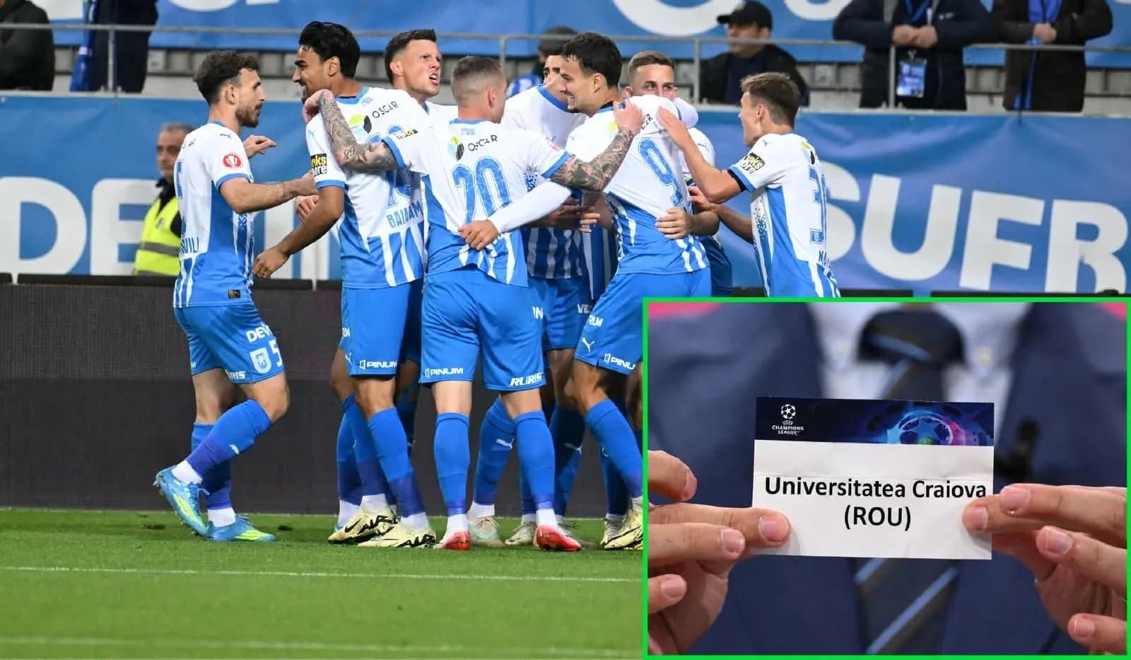 Universitatea Craiova players celebrating a goal Universitatea Craiova players celebrating a goal