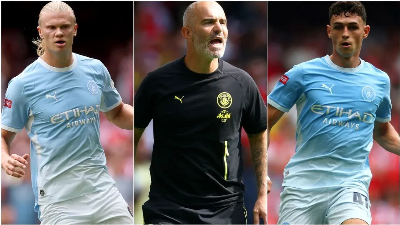 Three Manchester City players in training attire Three Manchester City players in training attire