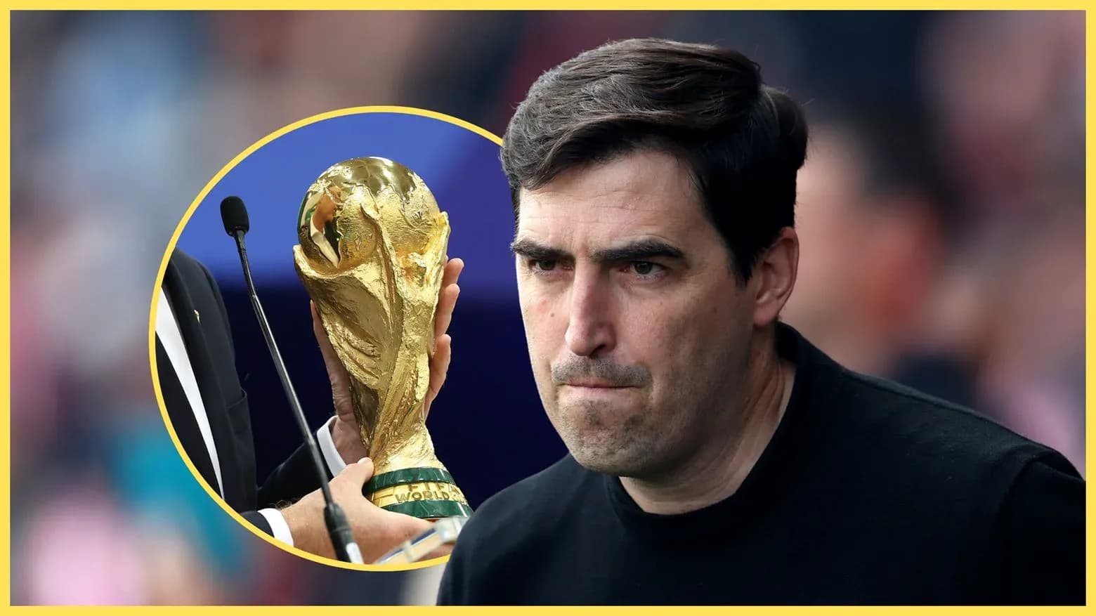 Coach looking serious near World Cup trophy Coach looking serious near World Cup trophy