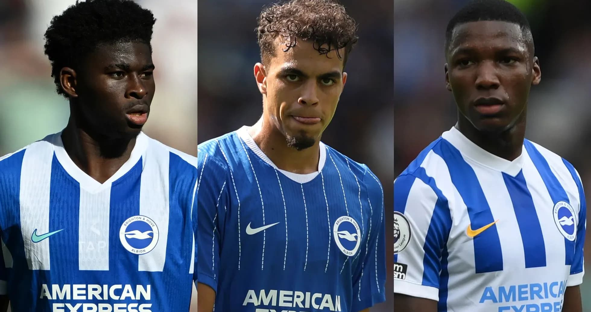 Three Brighton players in blue home jerseys Three Brighton players in blue home jerseys