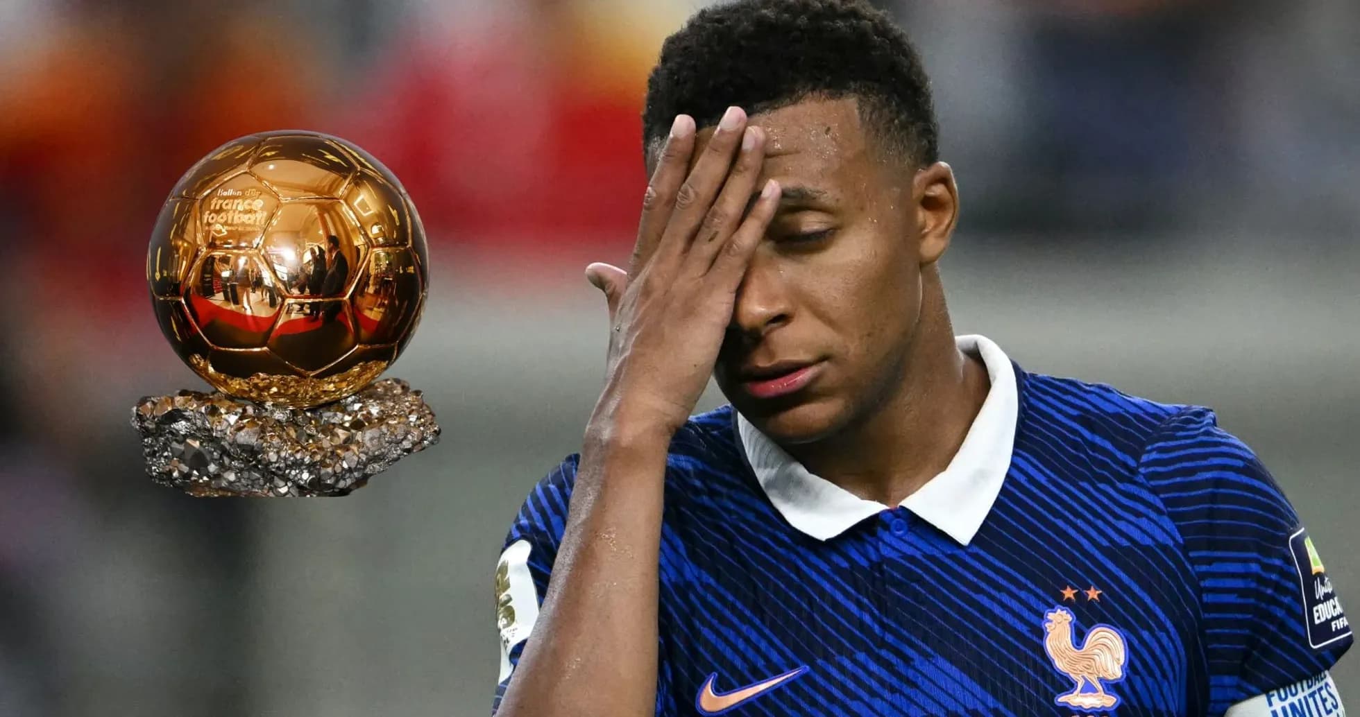 Kylian Mbappé with Ballon d'Or trophy beside him Kylian Mbappé with Ballon d'Or trophy beside him