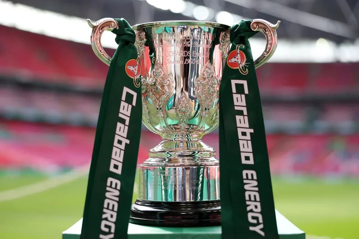 Carabao Cup trophy displayed on the pitch Carabao Cup trophy displayed on the pitch