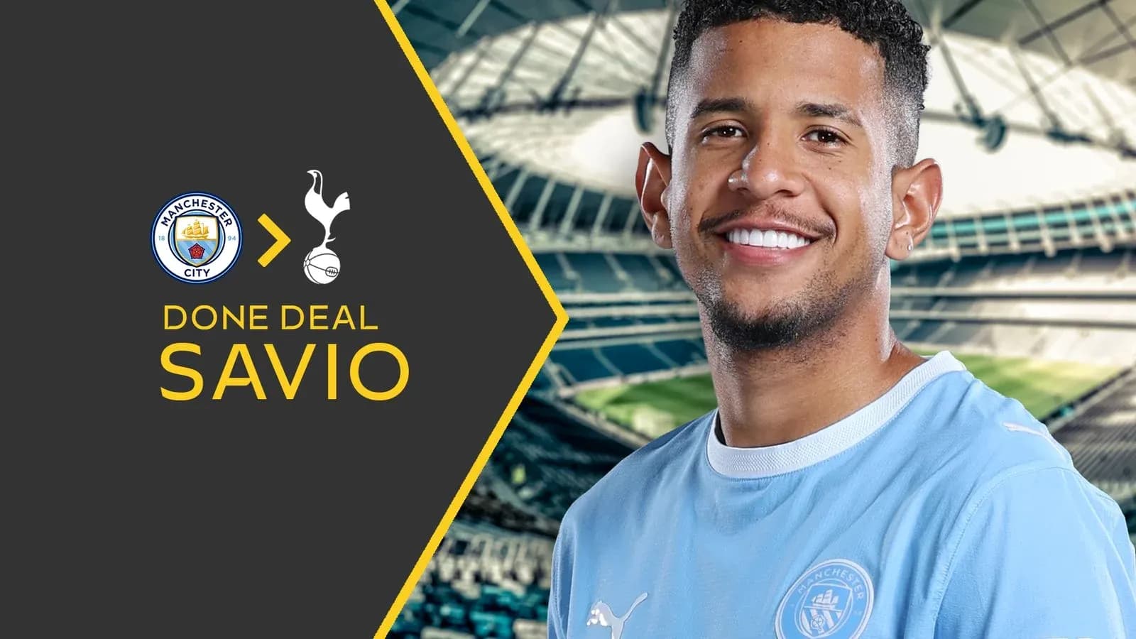 Player Savio in Manchester City kit announcing transfer Player Savio in Manchester City kit announcing transfer