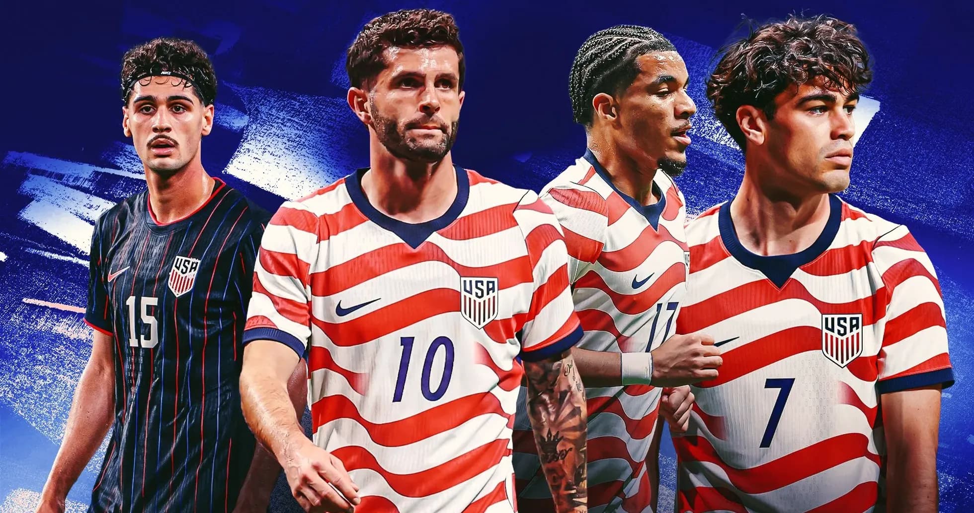 Four US soccer players in team jerseys Four US soccer players in team jerseys