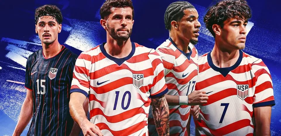 Four US soccer players in team jerseys Four US soccer players in team jerseys