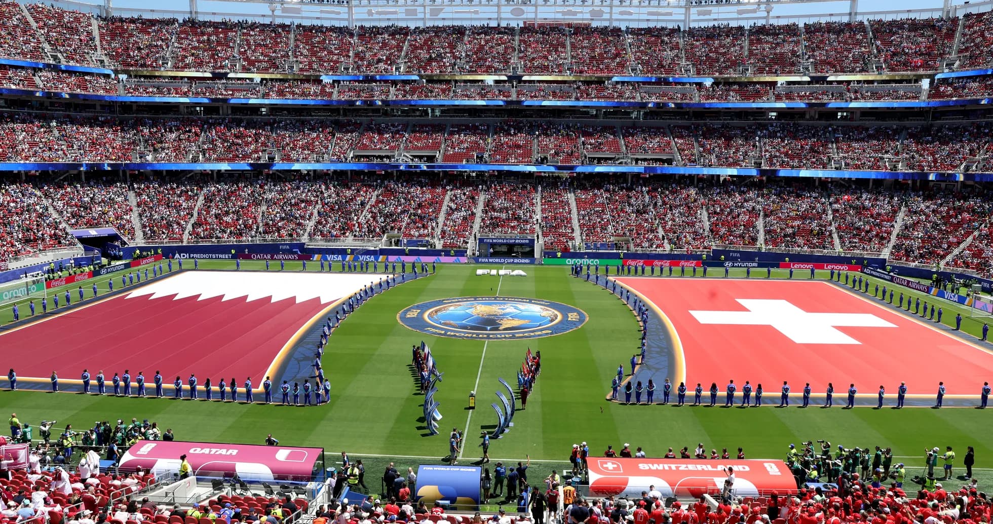 Qatar and Switzerland flags displayed before match Qatar and Switzerland flags displayed before match