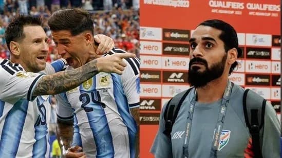 Argentinian players celebrating and a man in interview Argentinian players celebrating and a man in interview