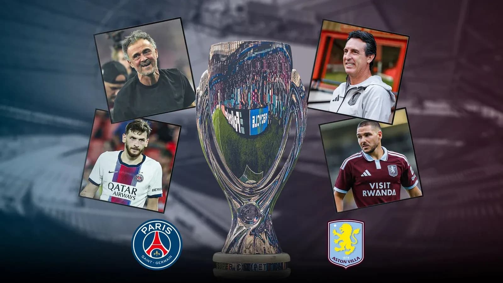 Coaches and players with Super Cup trophy background Coaches and players with Super Cup trophy background