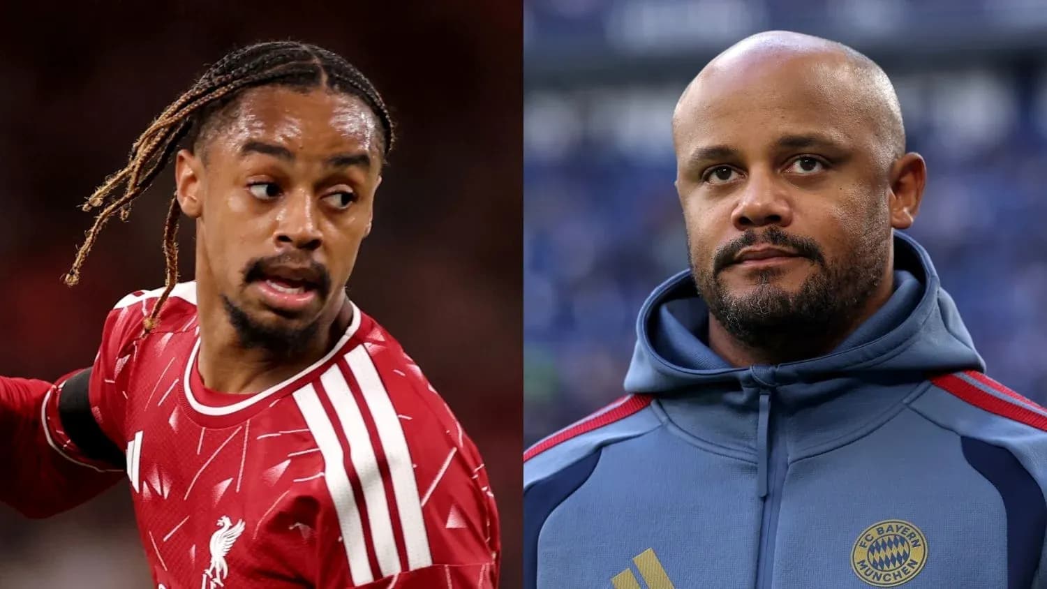 Football player in Liverpool kit and coach in Bayern Munich attire Football player in Liverpool kit and coach in Bayern Munich attire
