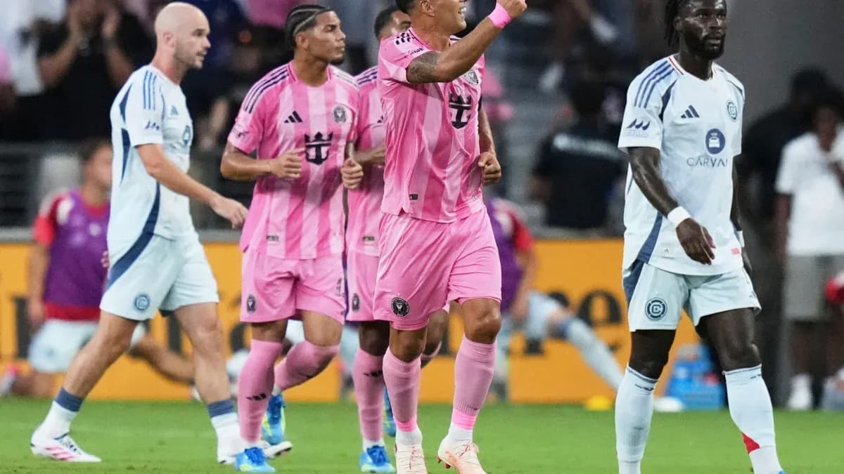Players celebrating during a soccer match in Miami Players celebrating during a soccer match in Miami