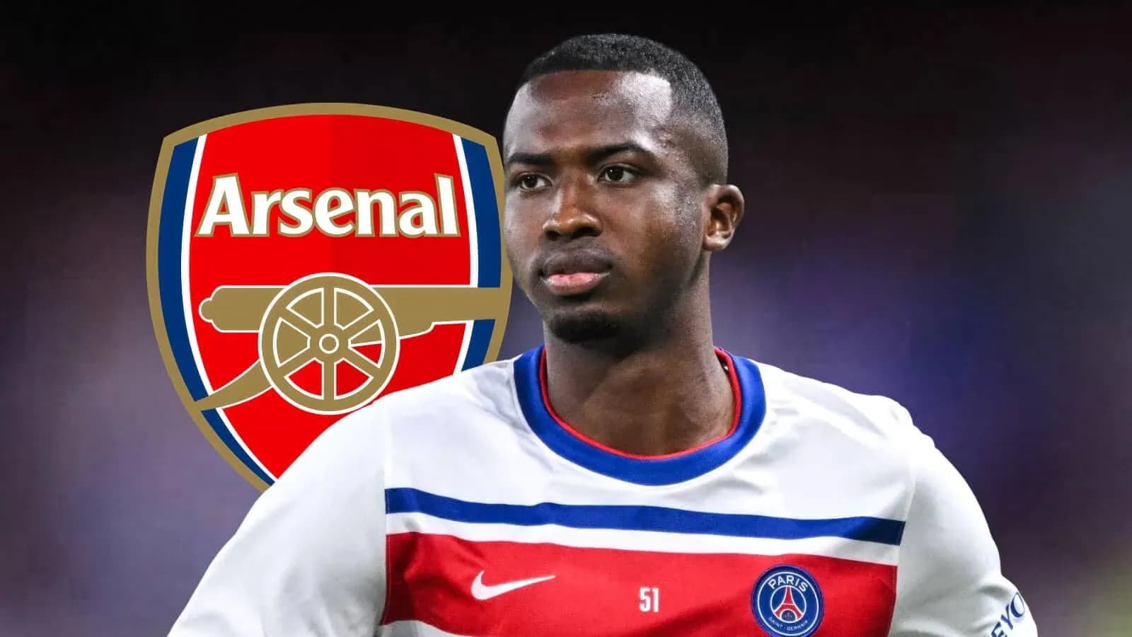 Player wearing PSG jersey with Arsenal logo background Player wearing PSG jersey with Arsenal logo background