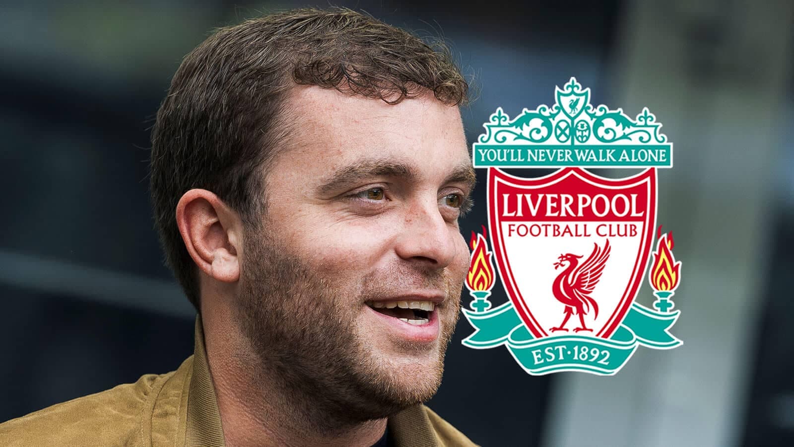 Person smiling next to Liverpool FC logo Person smiling next to Liverpool FC logo