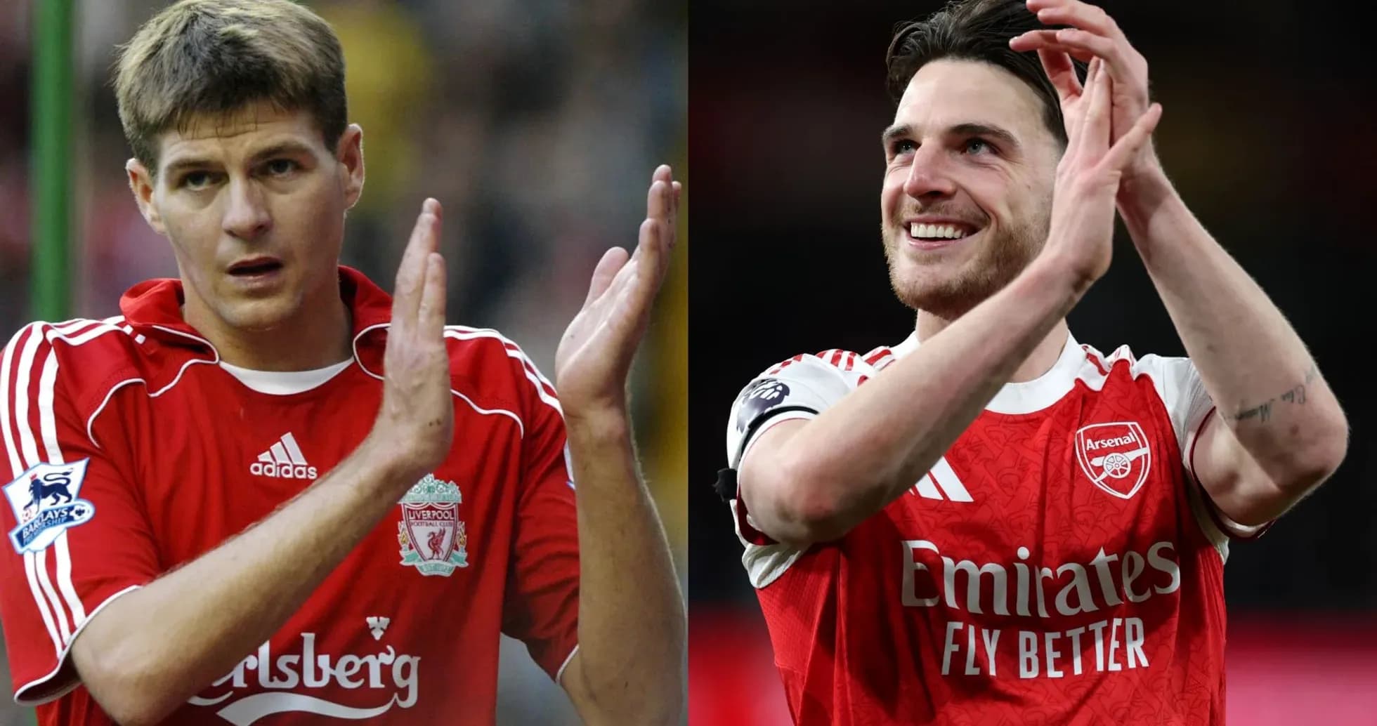 Two football players applauding fans in team jerseys Two football players applauding fans in team jerseys
