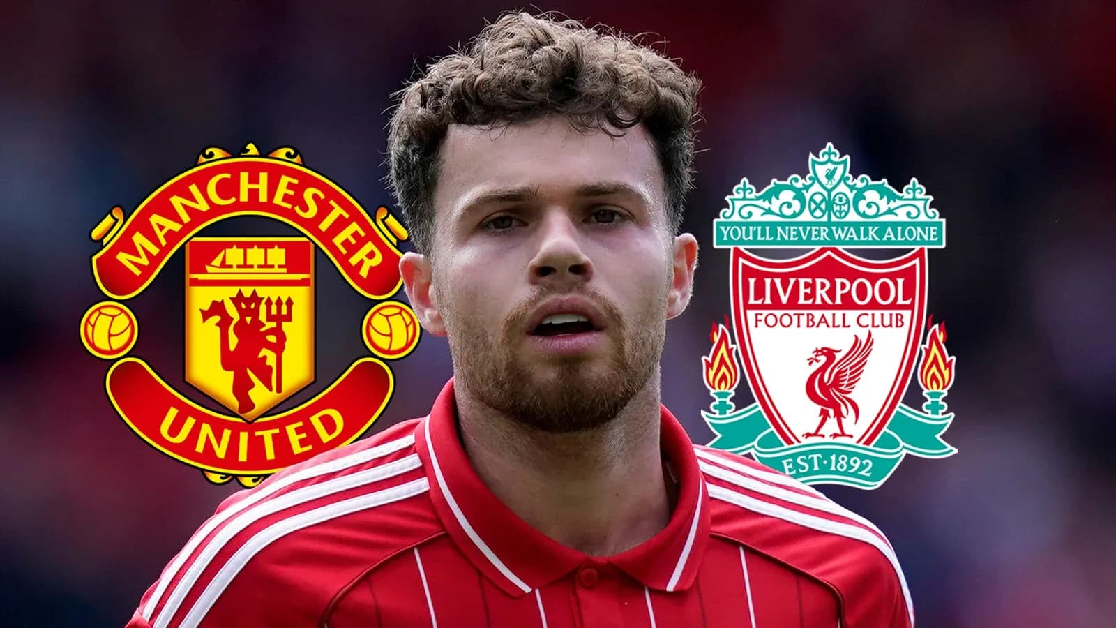 Player with Manchester United and Liverpool logos behind Player with Manchester United and Liverpool logos behind