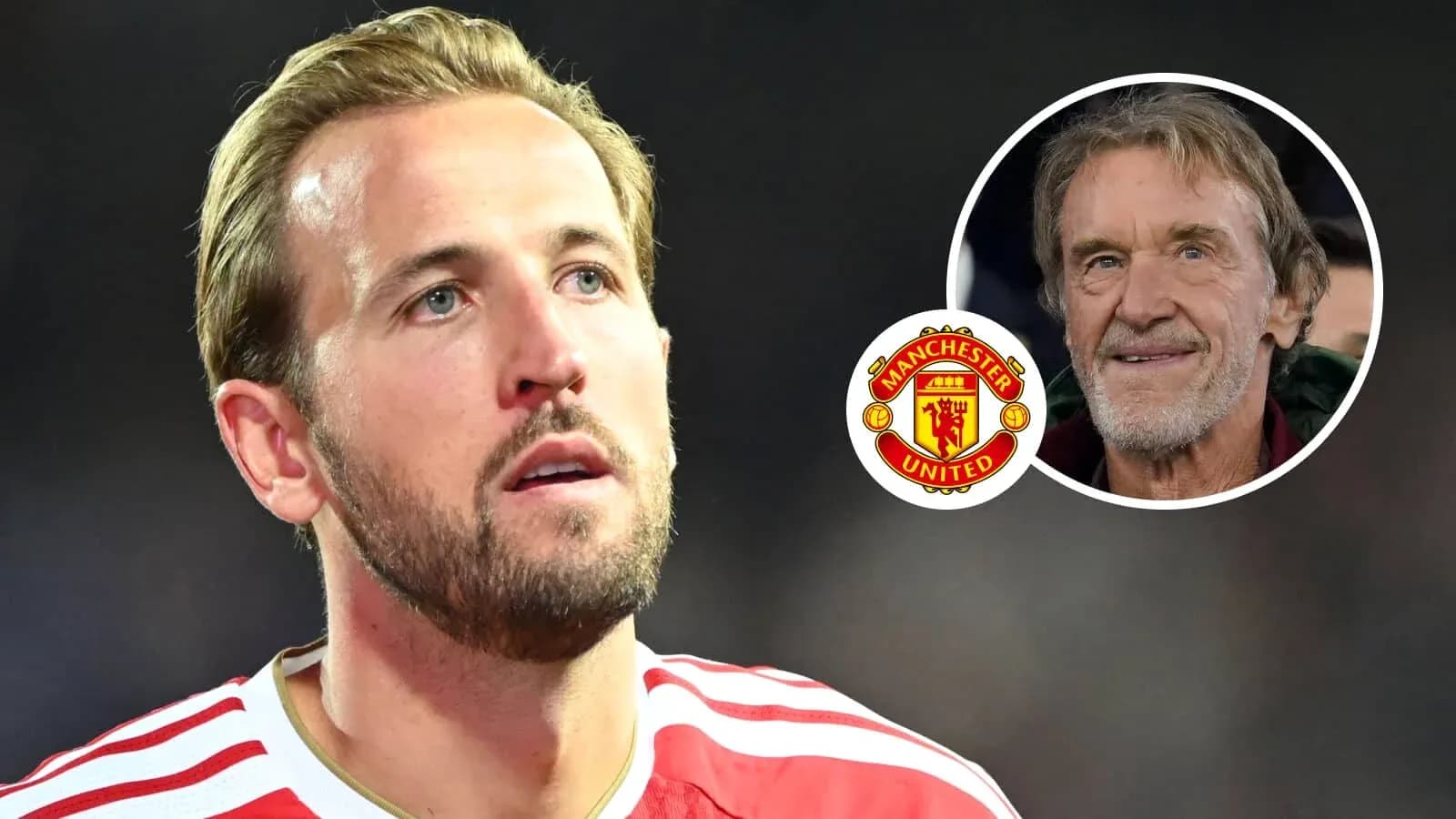 Harry Kane looking serious with Manchester United logo Harry Kane looking serious with Manchester United logo