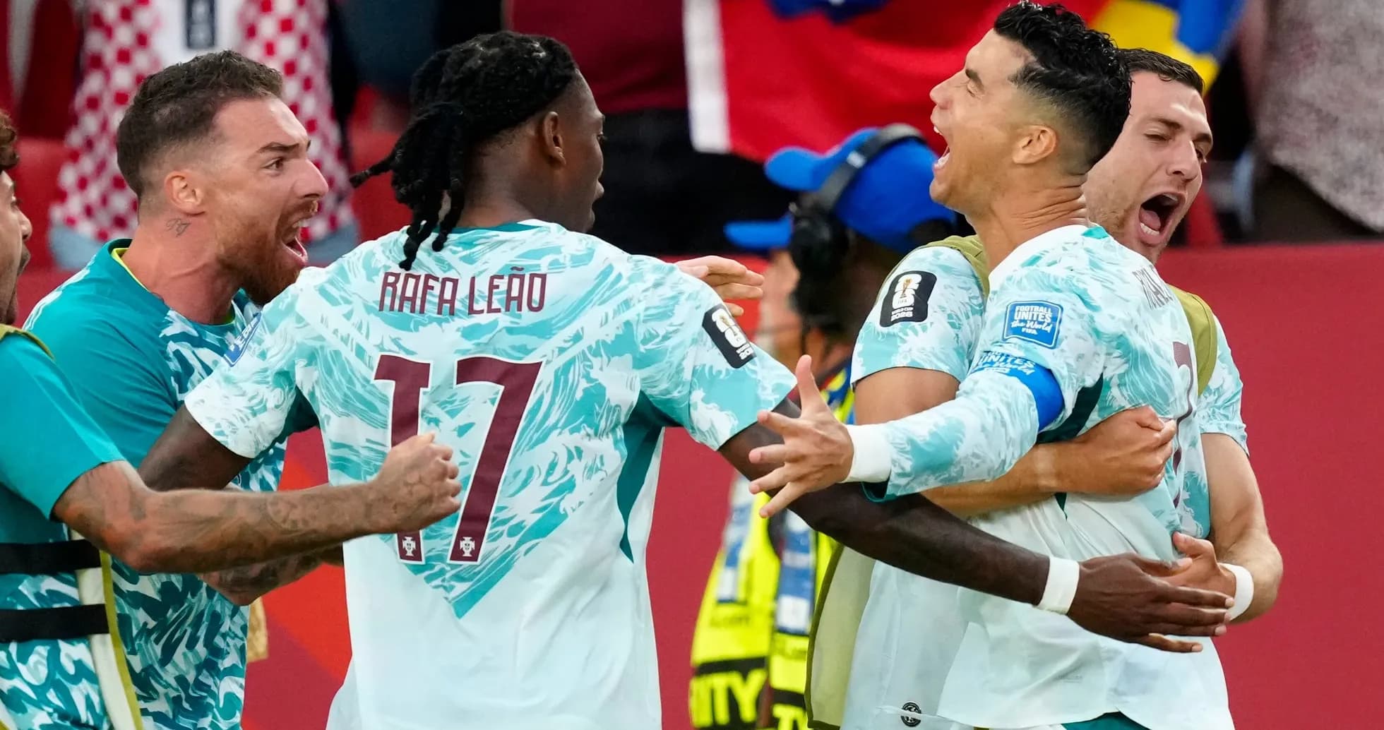 Portugal players celebrating a goal during match Portugal players celebrating a goal during match