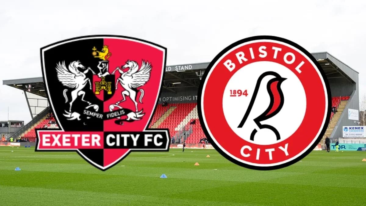 Exeter City and Bristol City logos on stadium background Exeter City and Bristol City logos on stadium background
