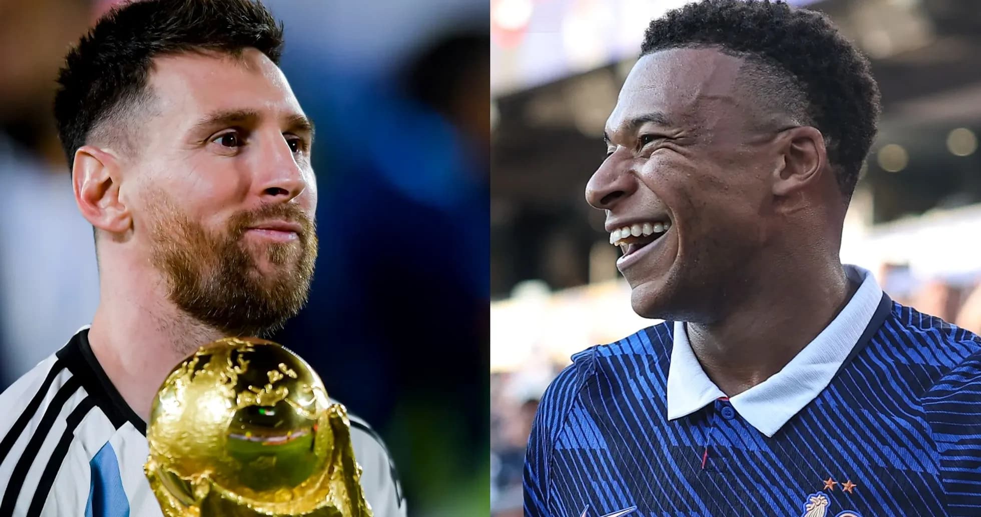 Lionel Messi holding the World Cup trophy, Kylian Mbappé smiling Lionel Messi holding the World Cup trophy, Kylian Mbappé smiling