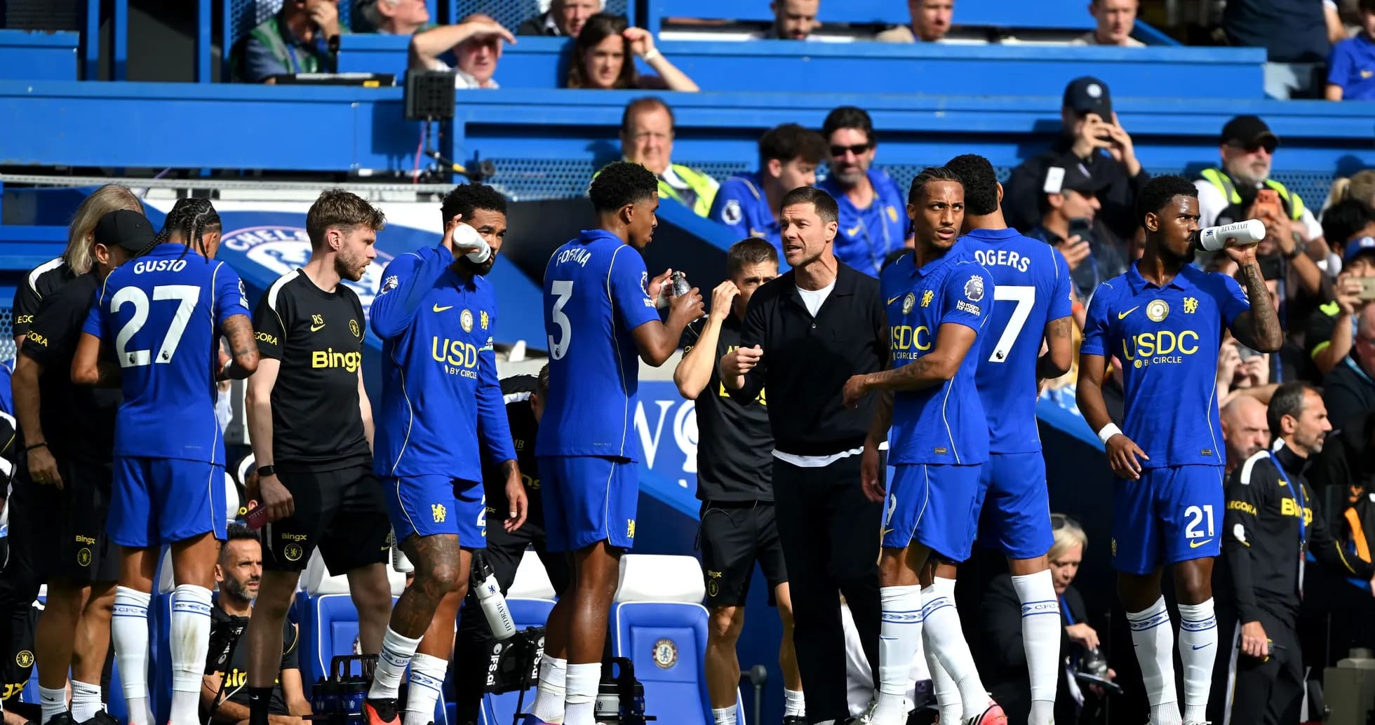 Chelsea players and coach discussing strategy on sideline Chelsea players and coach discussing strategy on sideline