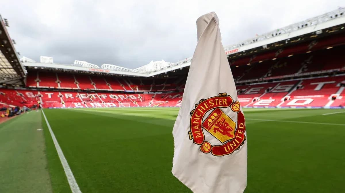 Corner flag with Manchester United logo at stadium Corner flag with Manchester United logo at stadium