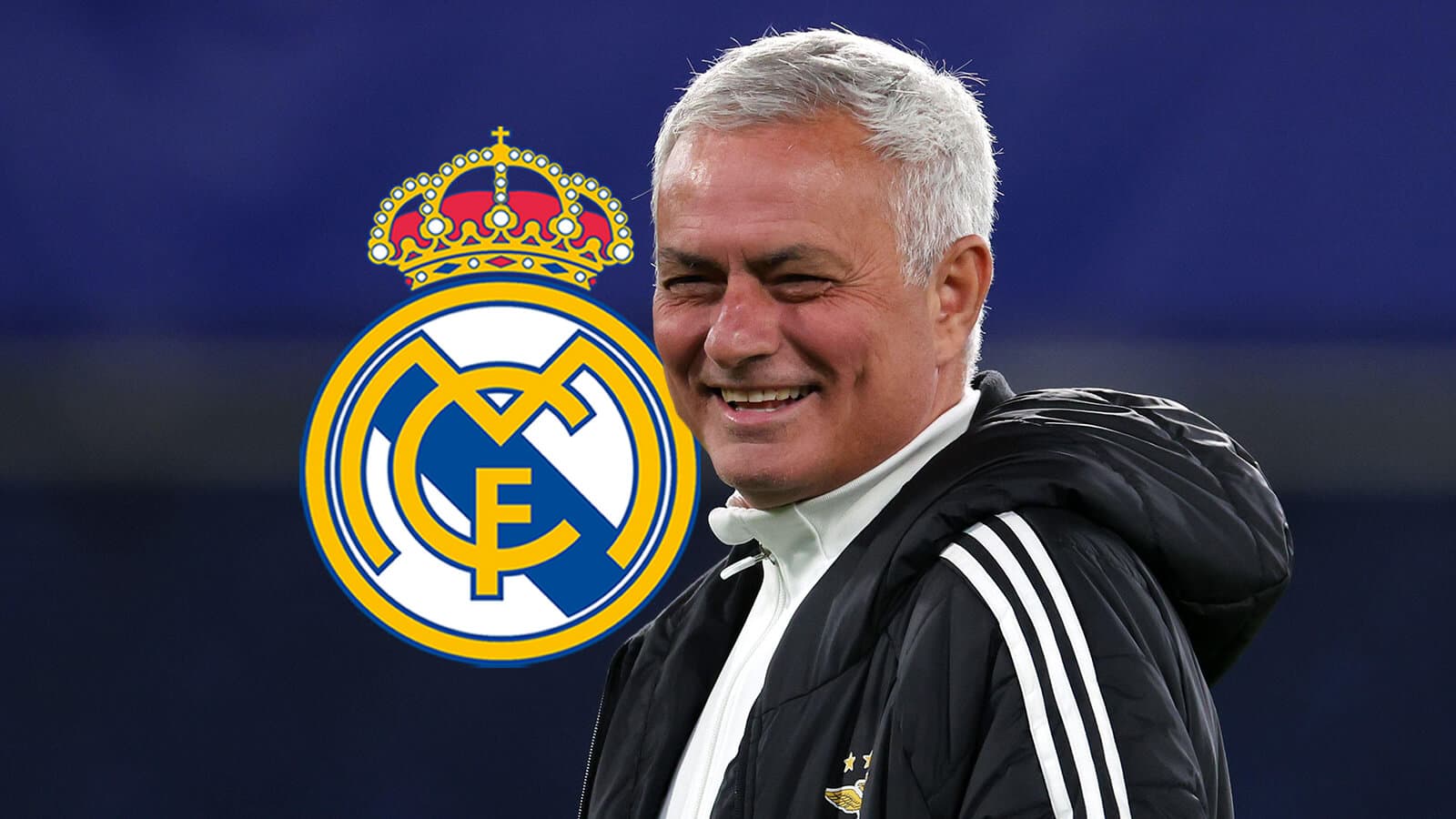 Coach smiling with Real Madrid logo background Coach smiling with Real Madrid logo background