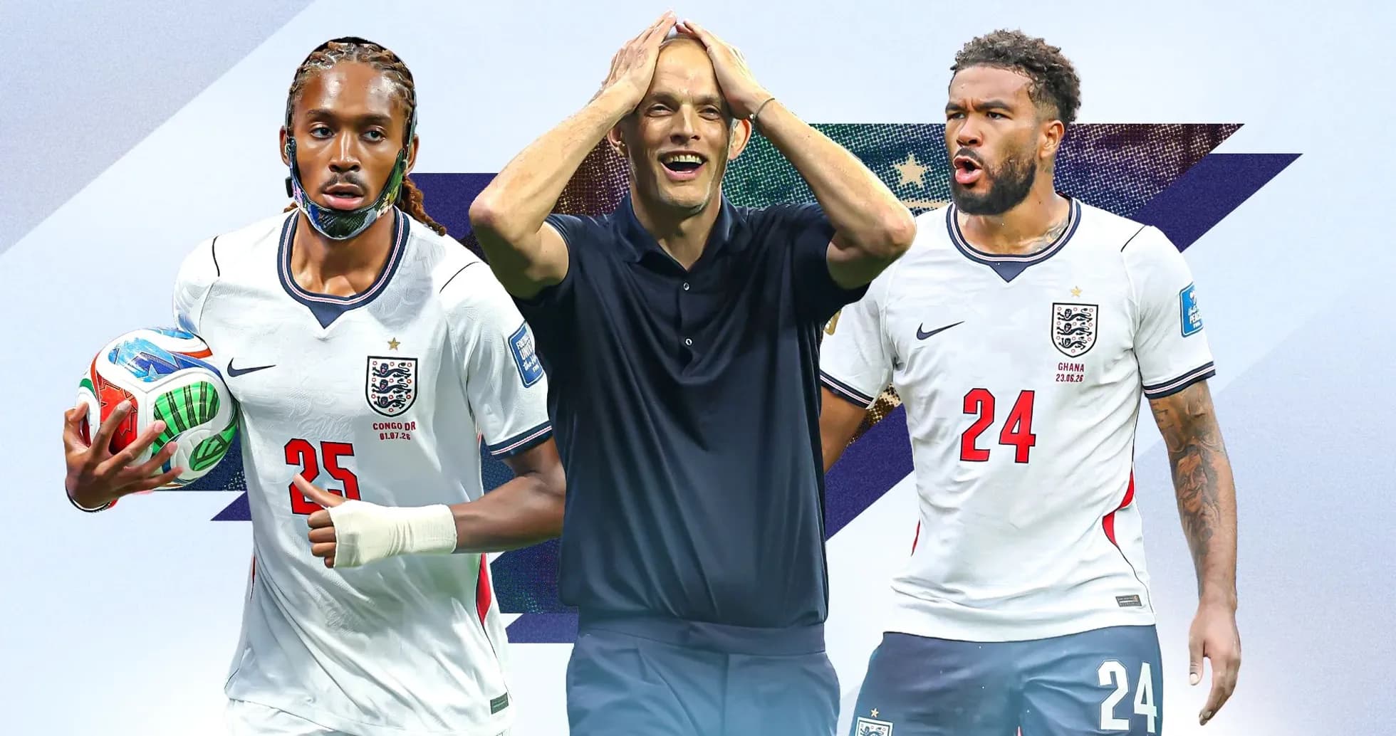 Three soccer players in England kits with a coach Three soccer players in England kits with a coach