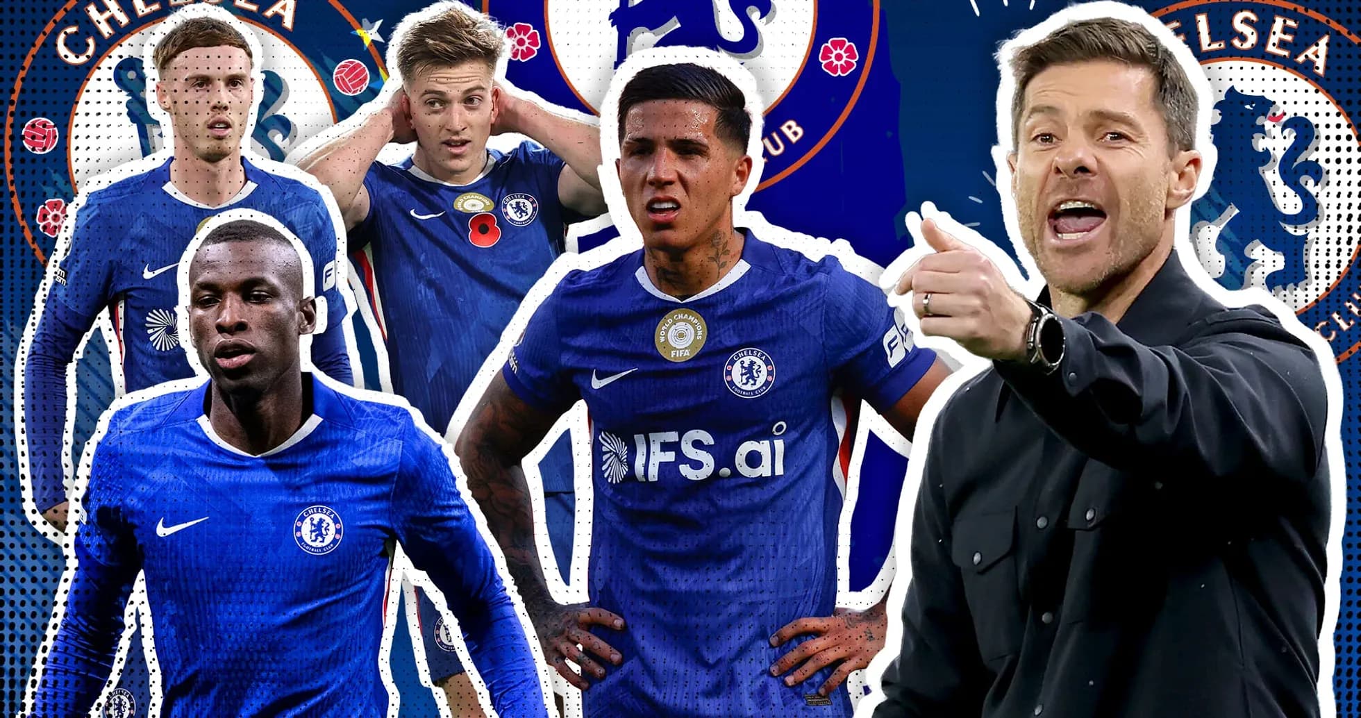 Chelsea players and coach in graphic design backdrop Chelsea players and coach in graphic design backdrop