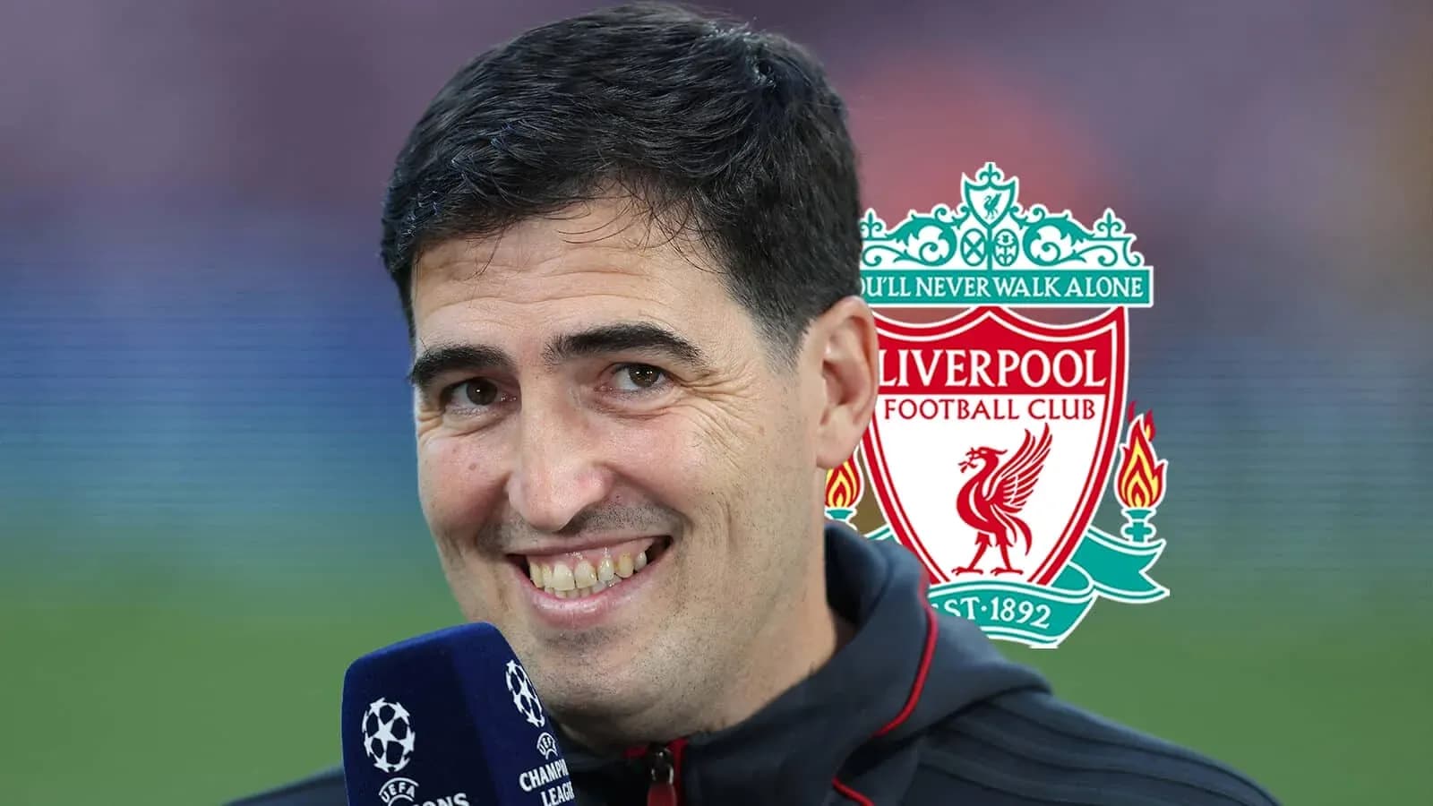 Person smiling with Liverpool FC logo background Person smiling with Liverpool FC logo background
