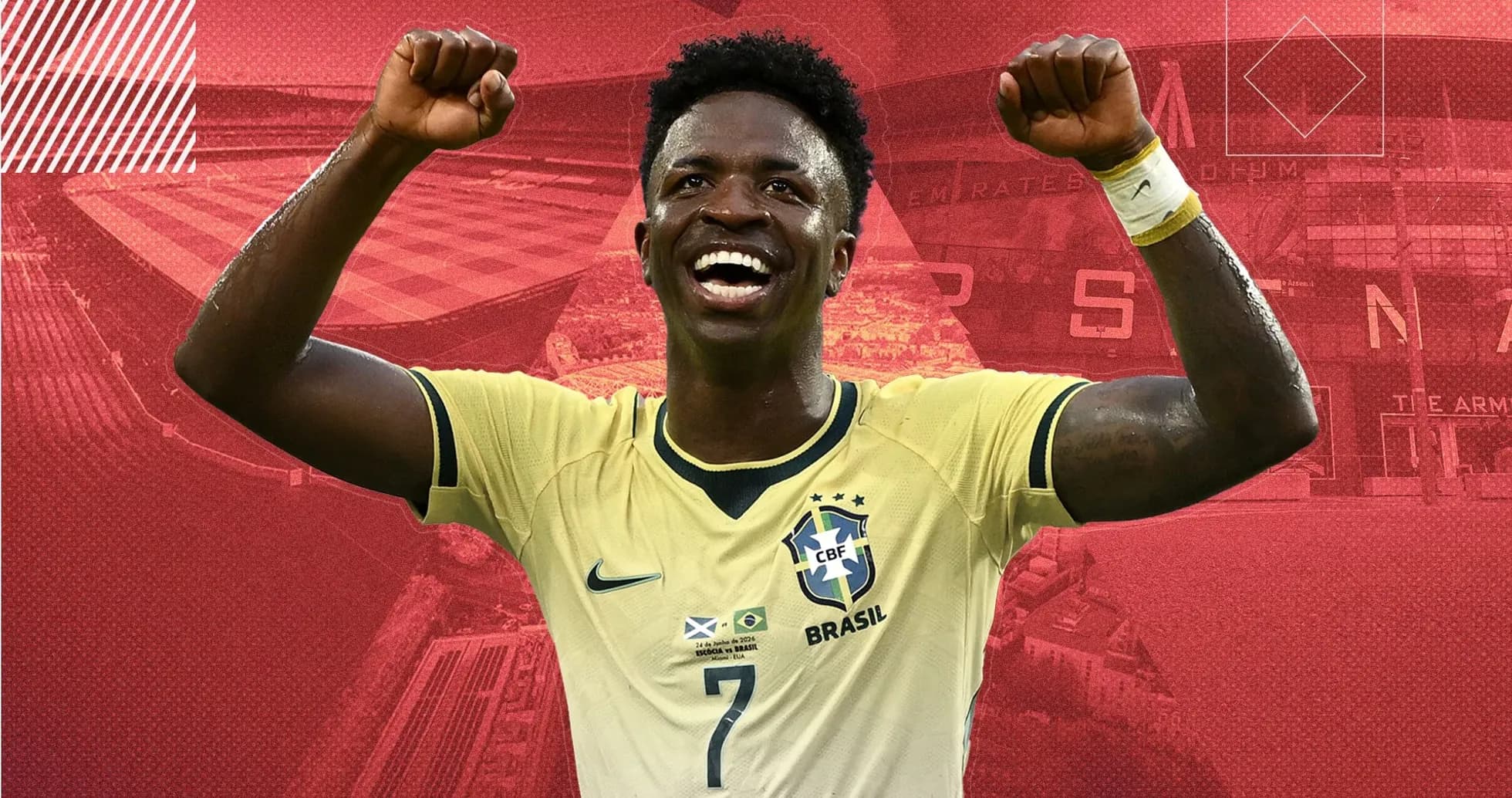 Player celebrating with raised fists in Brazil jersey Player celebrating with raised fists in Brazil jersey