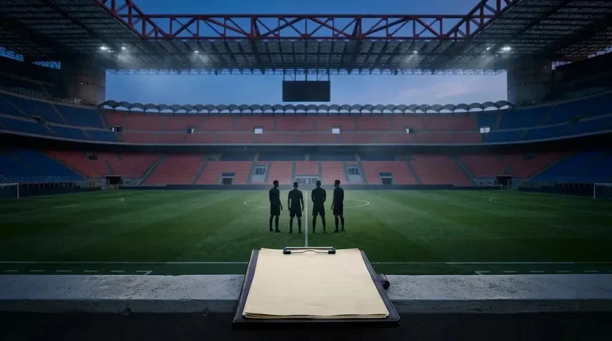 Referees discussing match details in empty stadium Referees discussing match details in empty stadium